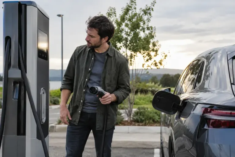 Driver studying a public electric-car charger before connecting a parked car, realistic station and cable with no brands.