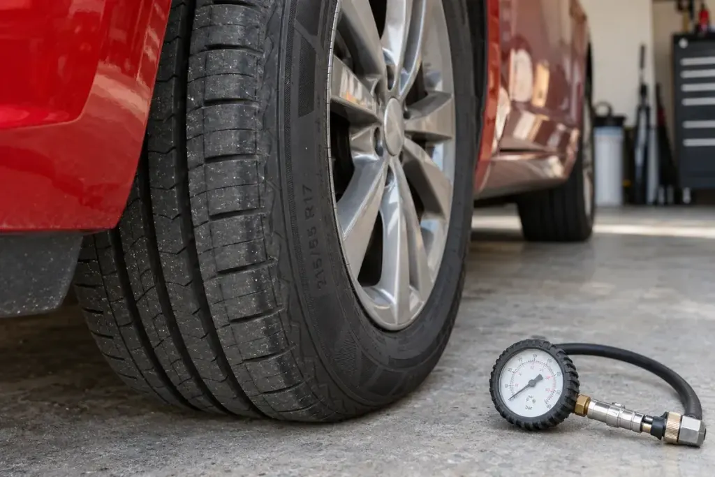 A car tyre and pressure gauge in a bright garage with a red fender above.