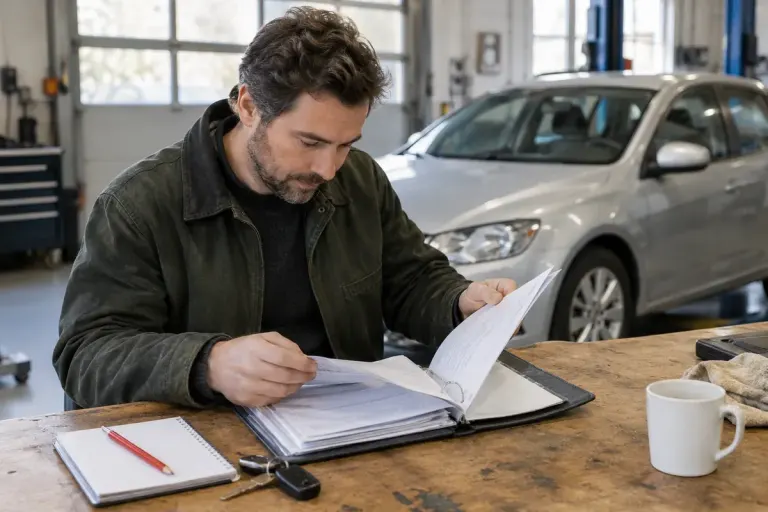 A buyer reviewing a maintenance folder with a silver car in the garage behind.